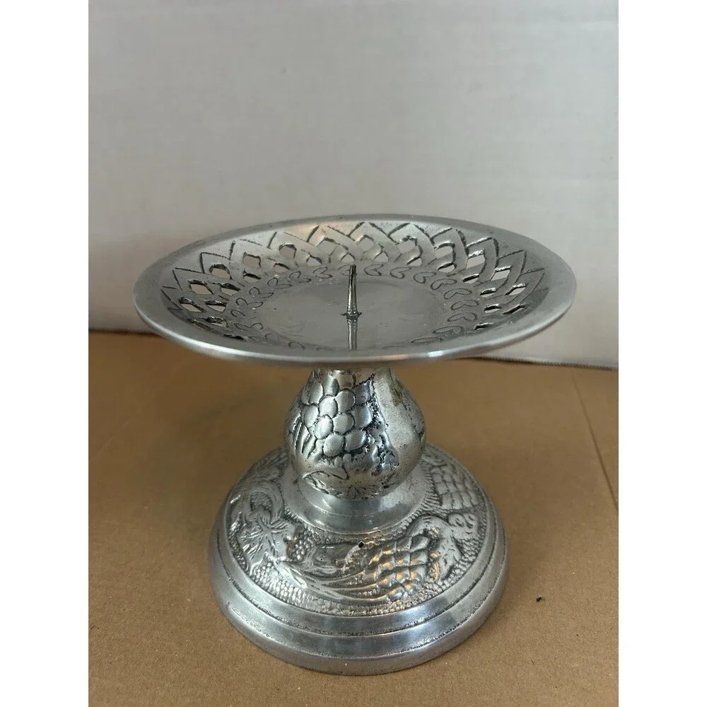 Vintage Metal Candle Holder Pedestal Pierced Dish Floral Base Silver Tone